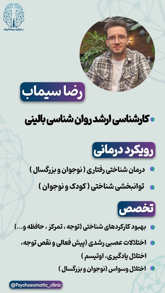 رضا سیماب، کارشناس ارشد روانشناسی بالینی از دانشگاه تربت‌جام، متخصص توانبخشی شناختی کودک و نوجوان، درمان شناختی رفتاری نوجوان و بزرگسال، و درمان اختلالات عصبی–رشدی، یادگیری و وسواس در مشهد.

