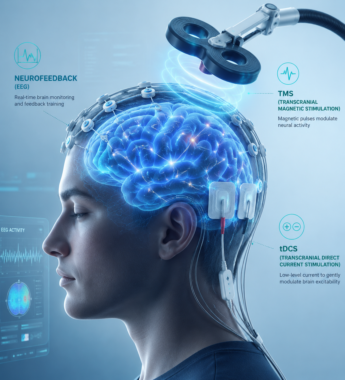 تحریک غیرتهاجمی مغز با نوروفیدبک، tDCS و rTMS انجام می‌شود. در این مطلب تفاوت و کاربرد این روش‌های نوین درمان مغز بررسی شده است.